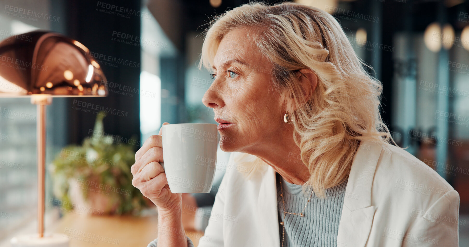 Buy stock photo Serious, businesswoman and thinking with coffee in office, lawyer and lawsuit preparation with ideas. Law firm, mature attorney and person with warm beverage on break, reflection or planning for case