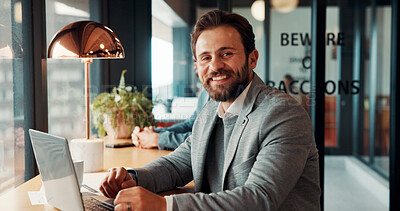 Buy stock photo Laptop, business and portrait of man in cafe for remote work with finance report, proposal or budget. Restaurant, happy and person on computer for financial review, investment research and hybrid job