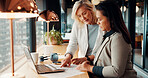 Discussion, laptop and business women in office with research for finance report with budget. Conversation, computer and financial advisor with manager for feedback on investment profit in workplace