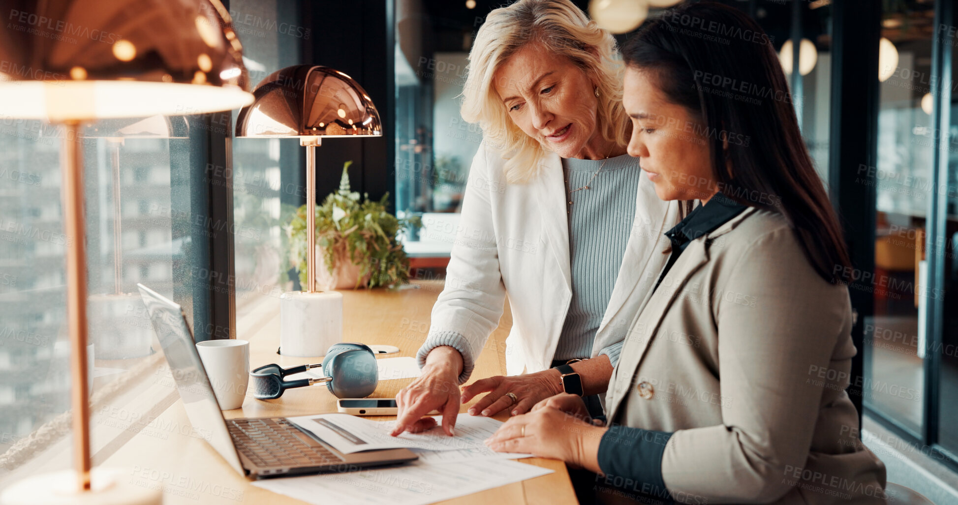 Buy stock photo Discussion, laptop and business women in office with research for finance report with budget. Conversation, computer and financial advisor with manager for feedback on investment profit in workplace
