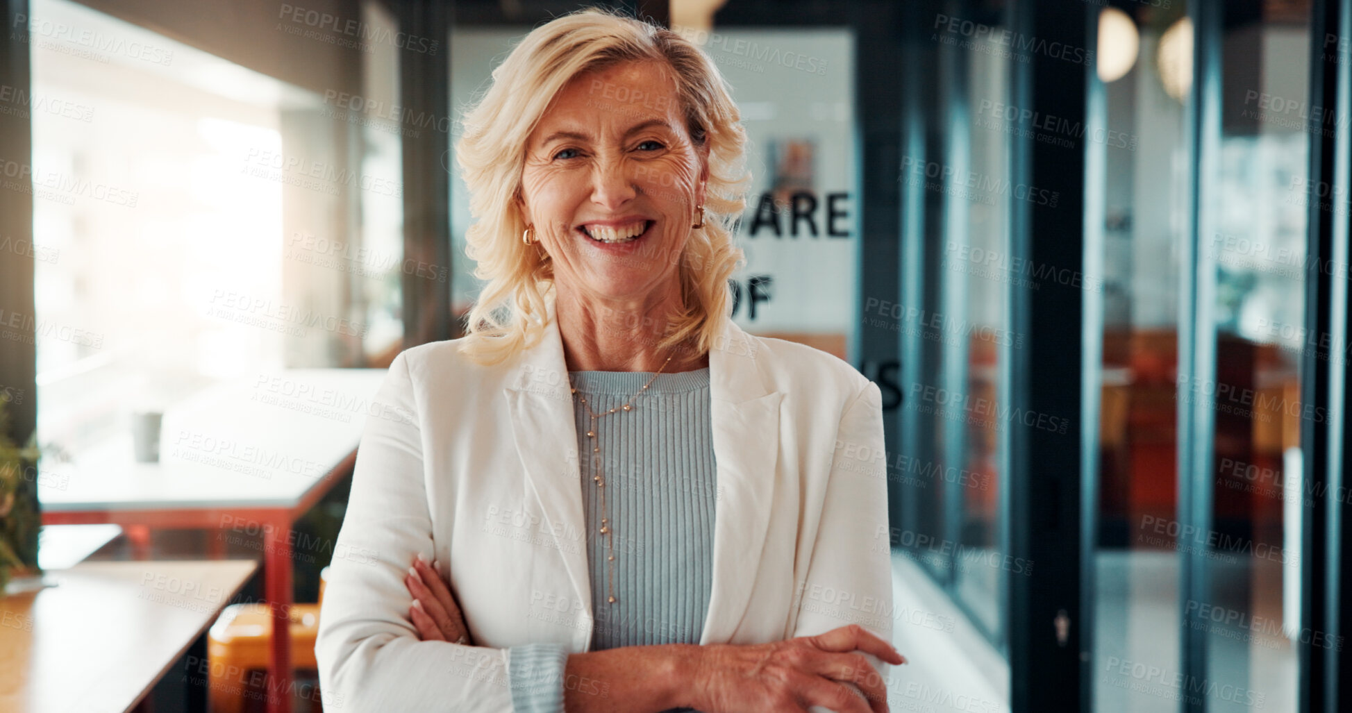 Buy stock photo Crossed arms, happy and portrait of businesswoman in office with confidence for finance career. Smile, professional and mature female financial manager with pride for company about us in workplace.