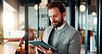 Business, man and smile with tablet in office for trading account, economy news or monitor portfolio. Trader, employee and digital app at work for online investment, stocks research and profit alert