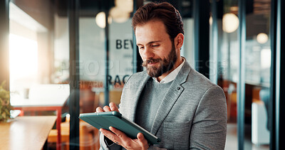 Buy stock photo Business, man and smile with tablet in office for trading account, economy news or monitor portfolio. Trader, employee and digital app at work for online investment, stocks research and profit alert