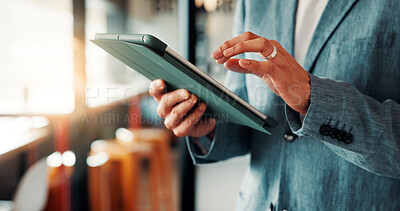 Buy stock photo Hands, businessman and research on tablet in office for contract auction, deal sourcing and IPO. Investment banker, person and tech at work to check stock prices, finance market and monitor portfolio