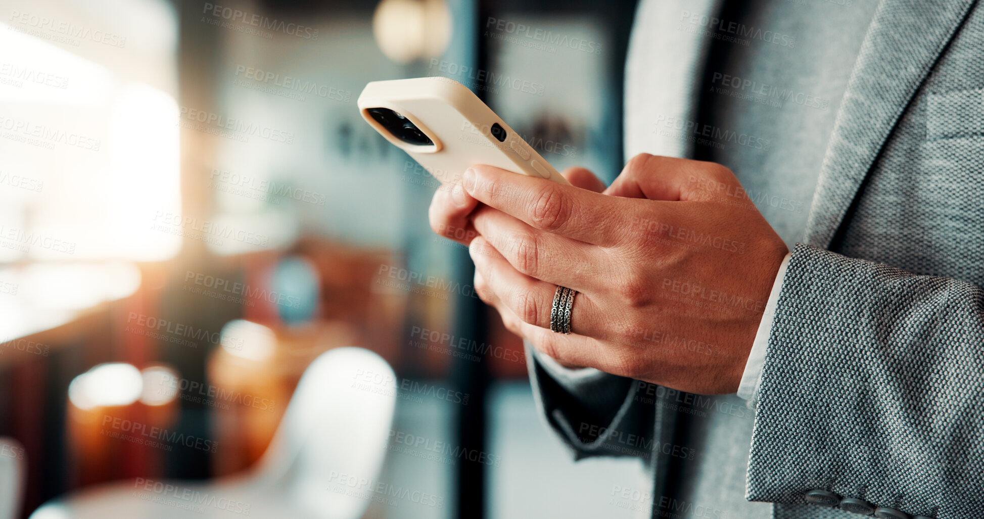 Buy stock photo Hands, man and research with phone in office for trade execution, economy news or portfolio review. Trader, employee or stocks app at workplace for online investment, monitor account or market trends