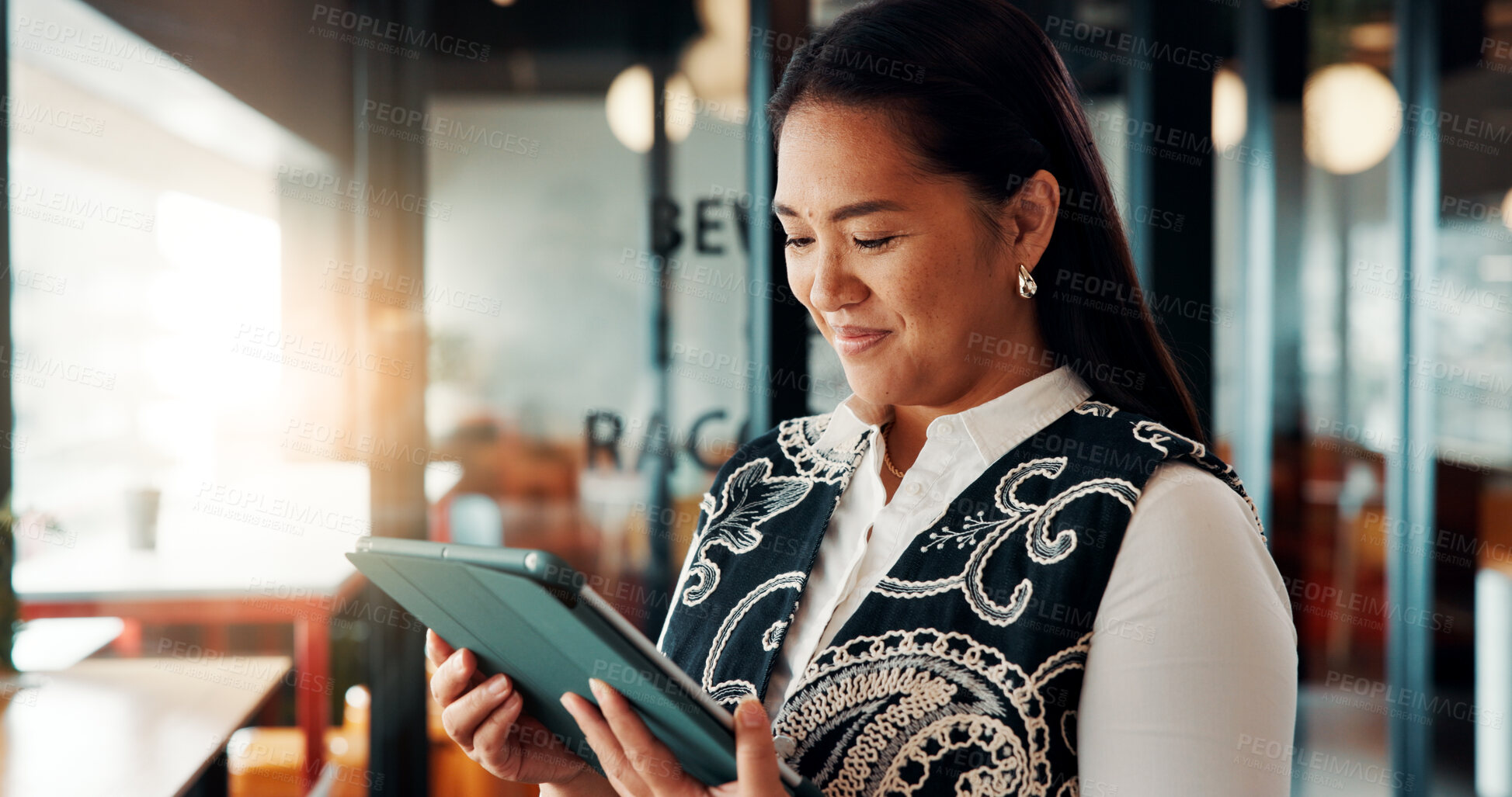 Buy stock photo Business, woman or reading tablet in office for trade execution, check account or profit alert. Asian person, trader or smile with digital app at work for investment return, good news or notification