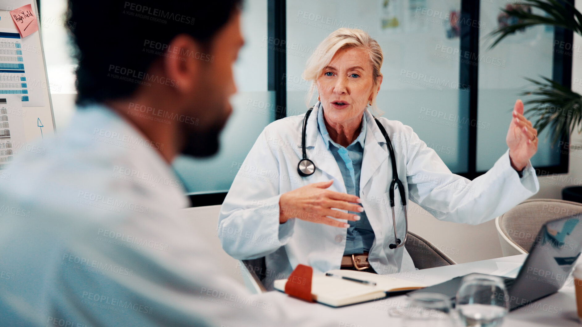 Buy stock photo Laptop, meeting and doctors in office for research on medical diagnosis, treatment or surgery plan. Computer, people and team of healthcare employees with collaboration for procedure schedule.