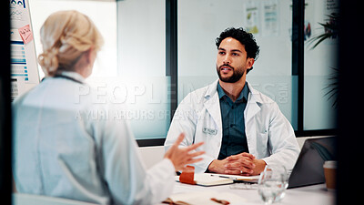 Buy stock photo Laptop, conversation and doctors in office for research on medical diagnosis, treatment or surgery plan. Computer, people and team of healthcare employees with collaboration for procedure schedule.