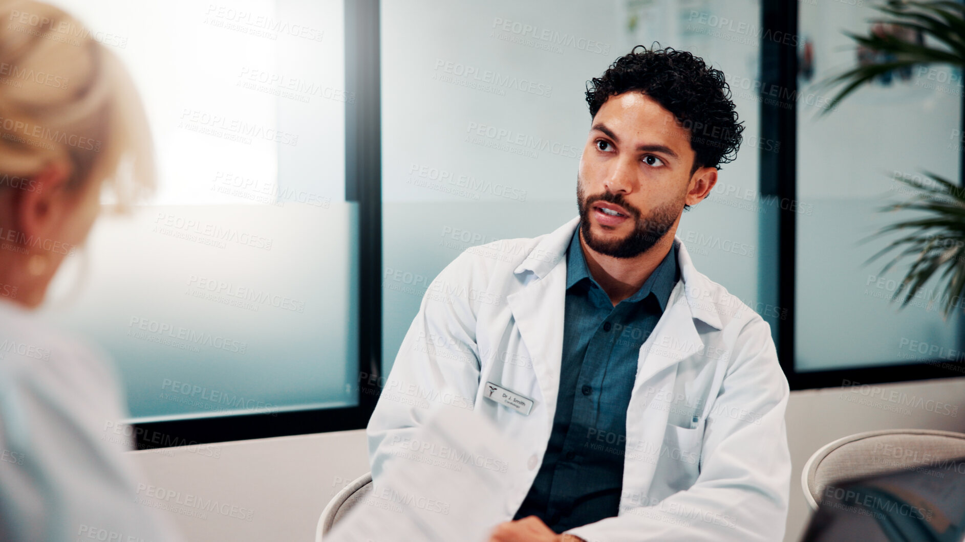 Buy stock photo Documents, discussion and doctors in office for research on medical diagnosis, treatment or surgery plan. Paperwork, people and team of healthcare employees with collaboration for procedure schedule.