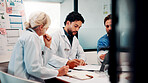 Hospital, meeting and doctors with documents in boardroom for funding, budget and finance review. Healthcare, teamwork and people with statistics for financial report, medical grant and planning