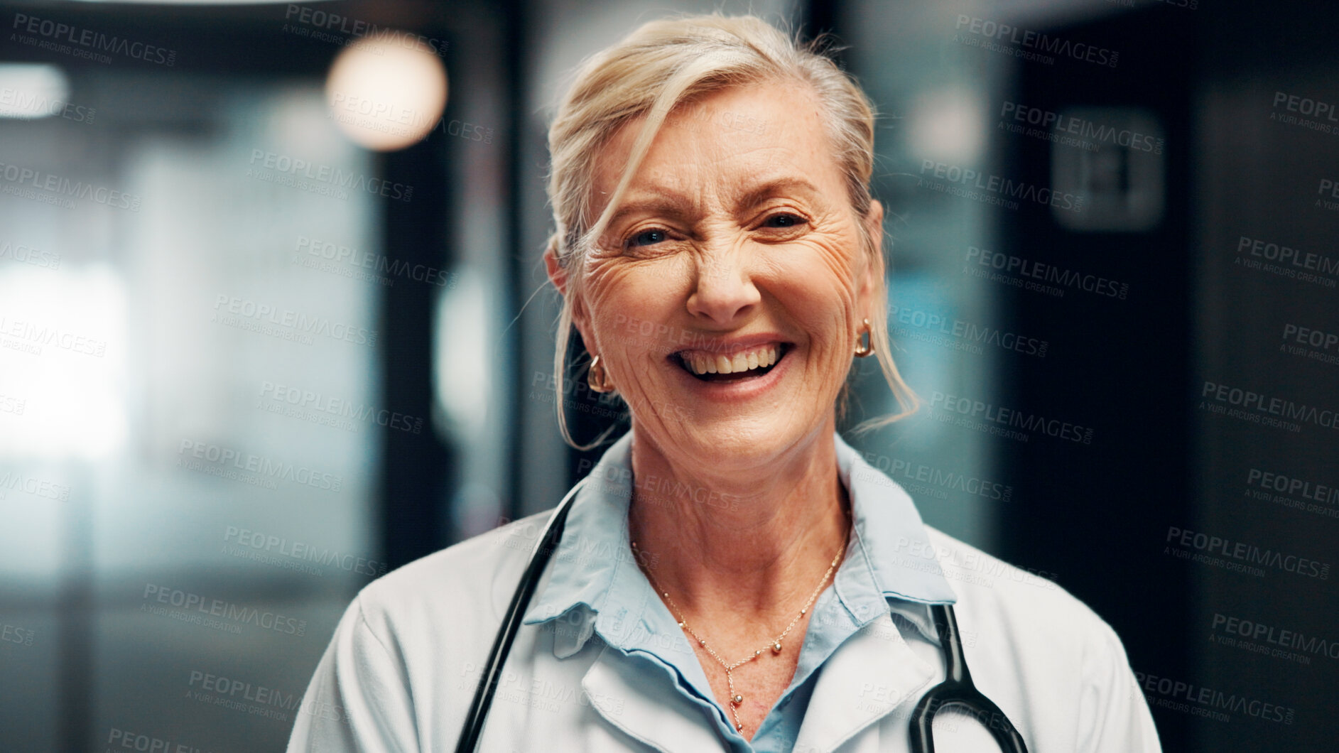 Buy stock photo Happy, woman and portrait of doctor in hospital with confidence for career in medical service. Smile, professional and mature healthcare worker with pride and positive attitude for about us at clinic