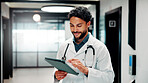 Hospital, doctor and man on tablet for online consulting, patient report and telehealth in clinic. Healthcare, happy and person on digital tech for research, medicare or schedule for medical service