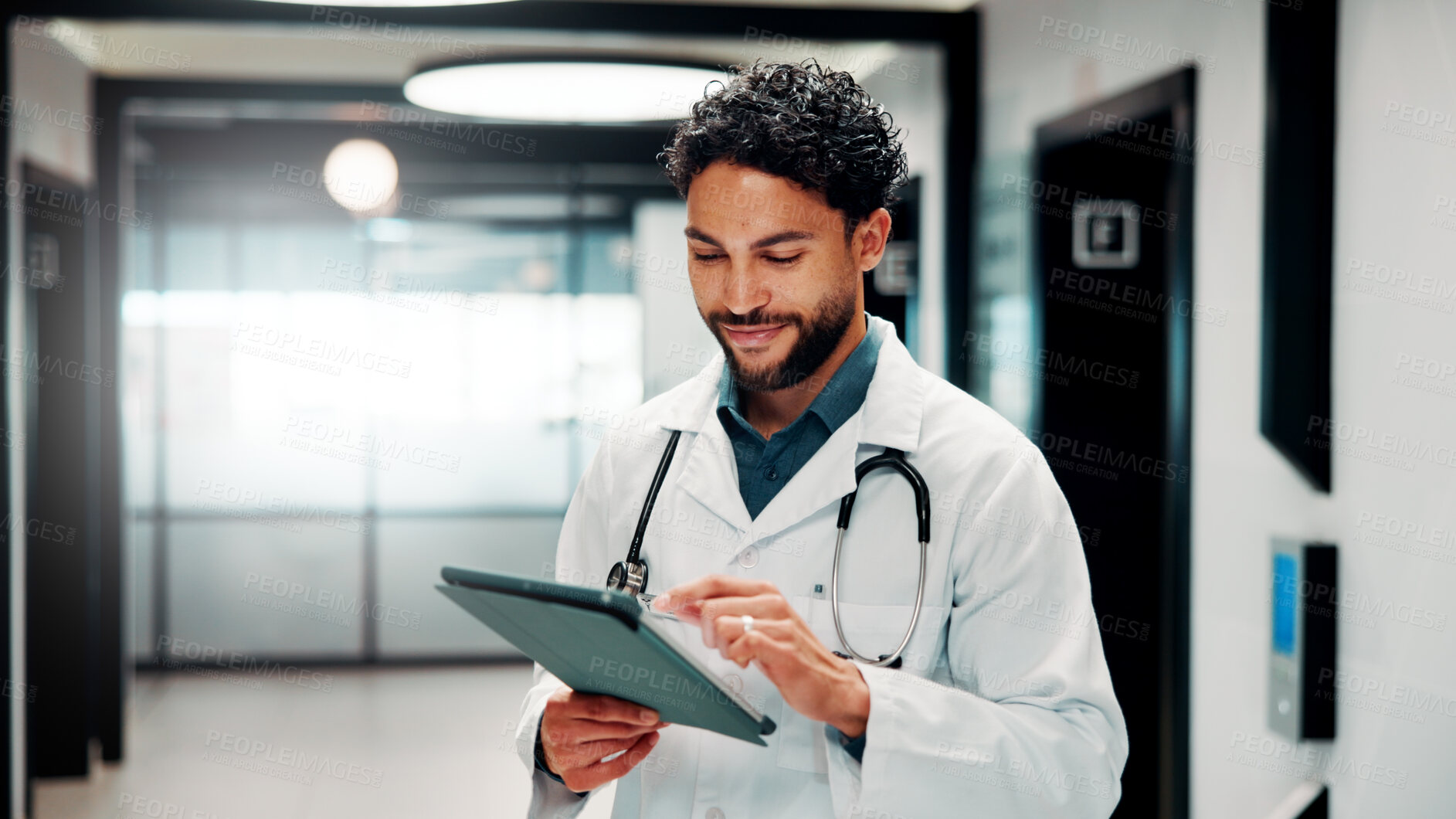 Buy stock photo Hospital, doctor and man on tablet for online consulting, patient report and telehealth in clinic. Healthcare, happy and person on digital tech for research, medicare or schedule for medical service