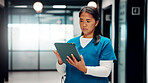Hospital, nurse and woman on tablet for online schedule, patient report and telehealth on app. Healthcare, clinic and person on digital tech for research, medicare and planning for medical service