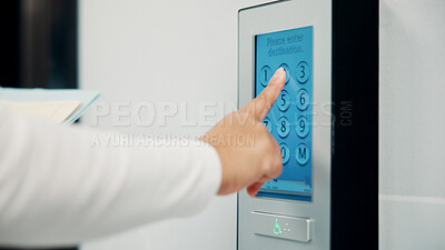 Buy stock photo Hands, doctor and touchscreen panel for hospital elevator, secure entry and destination of restricted area. Person, touch and keypad for floor selection, authorized staff and login for medical access