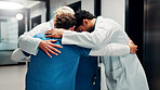 Team, hospital and doctors hug in circle for collaboration, support and solidarity in clinic. Healthcare, group and people in huddle for union, synergy and connection for medical service together