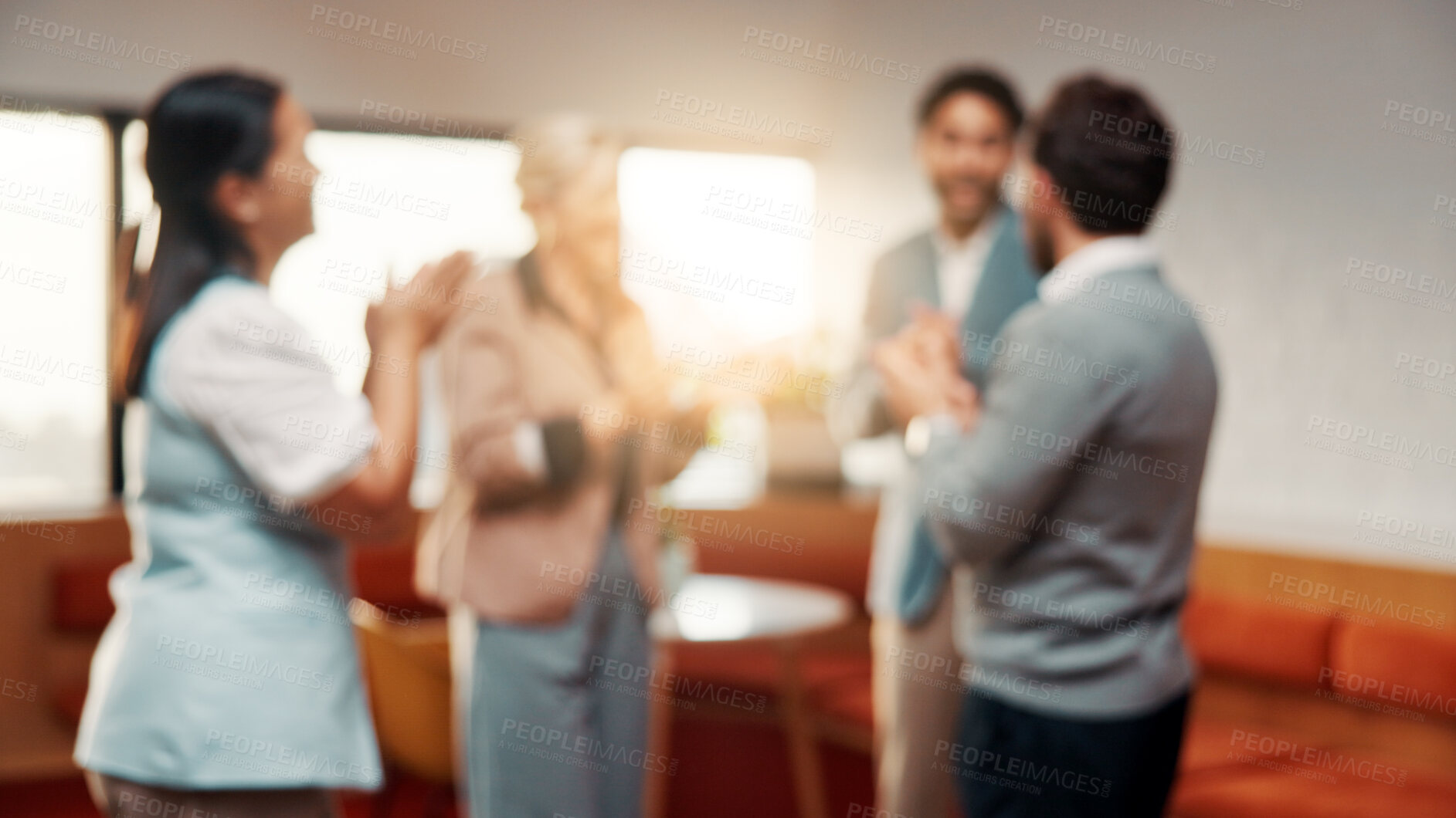 Buy stock photo Clapping, success and business people in office for celebration, goal or achievement at startup. Applause, meeting and circle in blur with congratulations, together and well done at creative agency