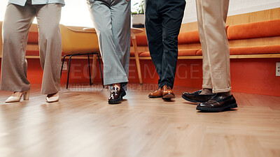 Buy stock photo Legs, group and people in office for counseling, emotional support and rehabilitation program. Feet, staff or therapy session for conflict resolution, interaction activity and mental health guidance