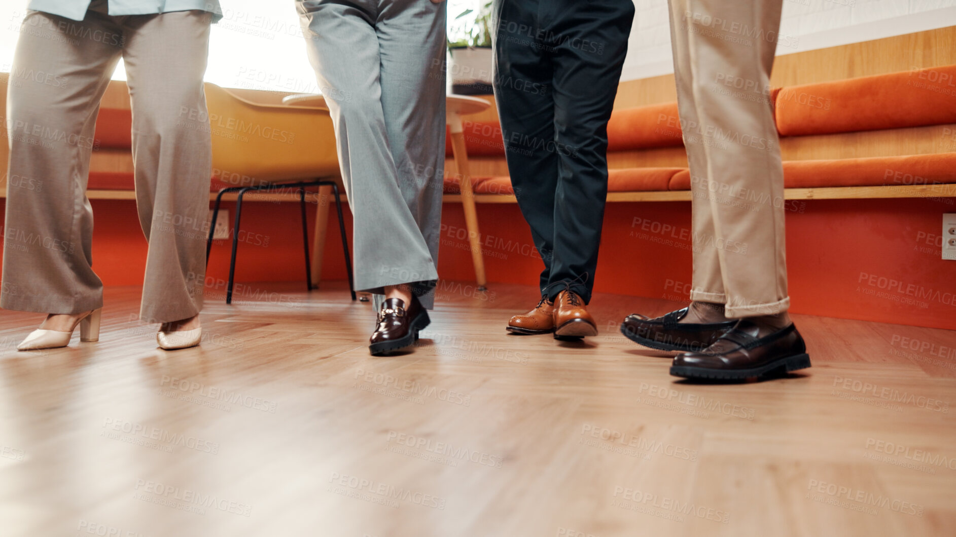 Buy stock photo Legs, group and people in office for counseling, emotional support and rehabilitation program. Feet, staff or therapy session for conflict resolution, interaction activity and mental health guidance