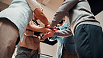 Stack, hands and business group for goals, support or solidarity at startup company in below. Meeting, achievement and people in circle for office success, link and team building at creative agency