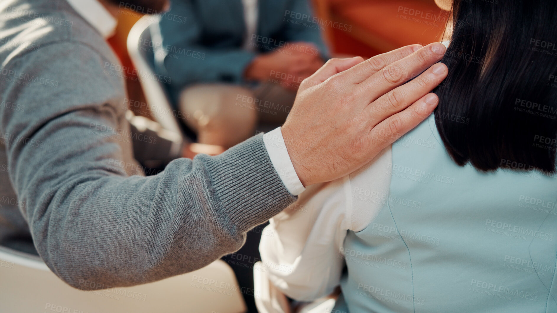 Buy stock photo Hand, support and therapy session with group in office, psychology and employee counseling and help. Mental health, consultation and comfort for people with work anxiety, collaboration and solidarity