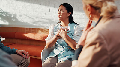 Buy stock photo Woman, talking and therapy session with group in office, psychology and employee counseling and help. Mental health, consultation and listening to person with depression, trauma and pressure at work