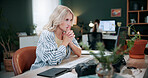 Creative, woman and reflection in office with laptop, review project and research for digital marketing. Female person, tech and coworking in agency with thinking, proposal and advertising campaign