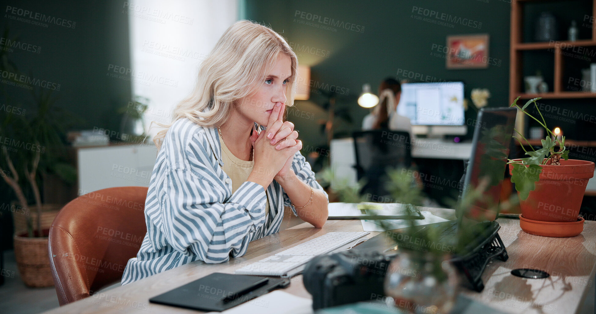 Buy stock photo Creative, woman and reflection in office with laptop, review project and research for digital marketing. Female person, tech and coworking in agency with thinking, proposal and advertising campaign