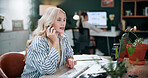 Feedback, woman and phone call in office with laptop, review project and research for digital marketing. Female person, tech and coworking in agency with creative, proposal and advertising campaign