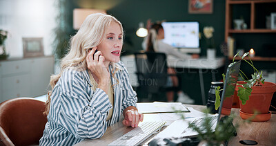 Buy stock photo Feedback, woman and phone call in office with laptop, review project and research for digital marketing. Female person, tech and coworking in agency with creative, proposal and advertising campaign