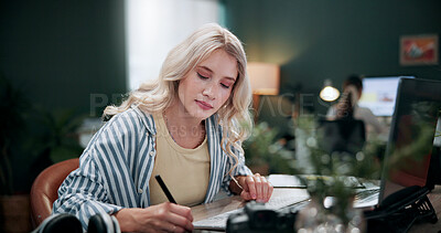 Buy stock photo Creative, woman and writing in office with laptop, review project and research for digital marketing. Female person, tech and coworking in agency with feedback, proposal and advertising campaign