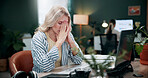 Headache, woman or stress with laptop in office for ad compliance issue, marketing crisis or worry. Coworking, migraine or media buyer with anxiety for campaign loss, project error or reputation risk