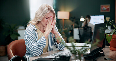 Buy stock photo Headache, woman or stress with laptop in office for ad compliance issue, marketing crisis or worry. Coworking, migraine or media buyer with anxiety for campaign loss, project error or reputation risk