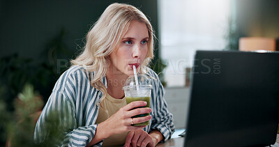 Buy stock photo Creative, woman and drink in office with laptop, review project and research for digital marketing. Female person, tech and reading in agency with smoothie beverage, proposal and advertising campaign