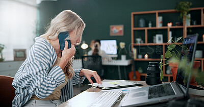 Buy stock photo Woman, document and phone call in office with laptop, marketing analytics and data for ad insights. Coworking, person and contact in creative agency with tech, charts and stats paperwork for project.