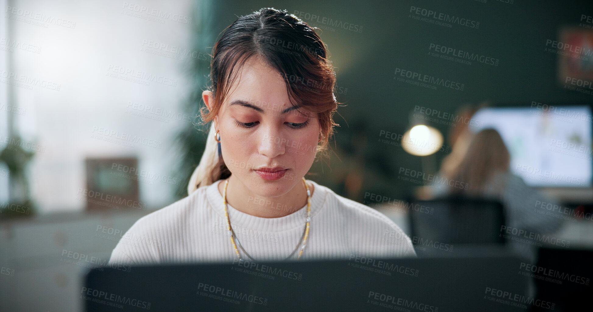 Buy stock photo Woman, research and browsing in office with laptop, creativity and plan graphic design for campaign. Coworking, person and digital designer in agency with computer, software and advertising project.
