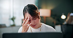 Headache, woman or stress with laptop at agency for ad compliance issue, marketing crisis or worry. Pressure, migraine or media buyer with anxiety for campaign loss, project error or reputation risk