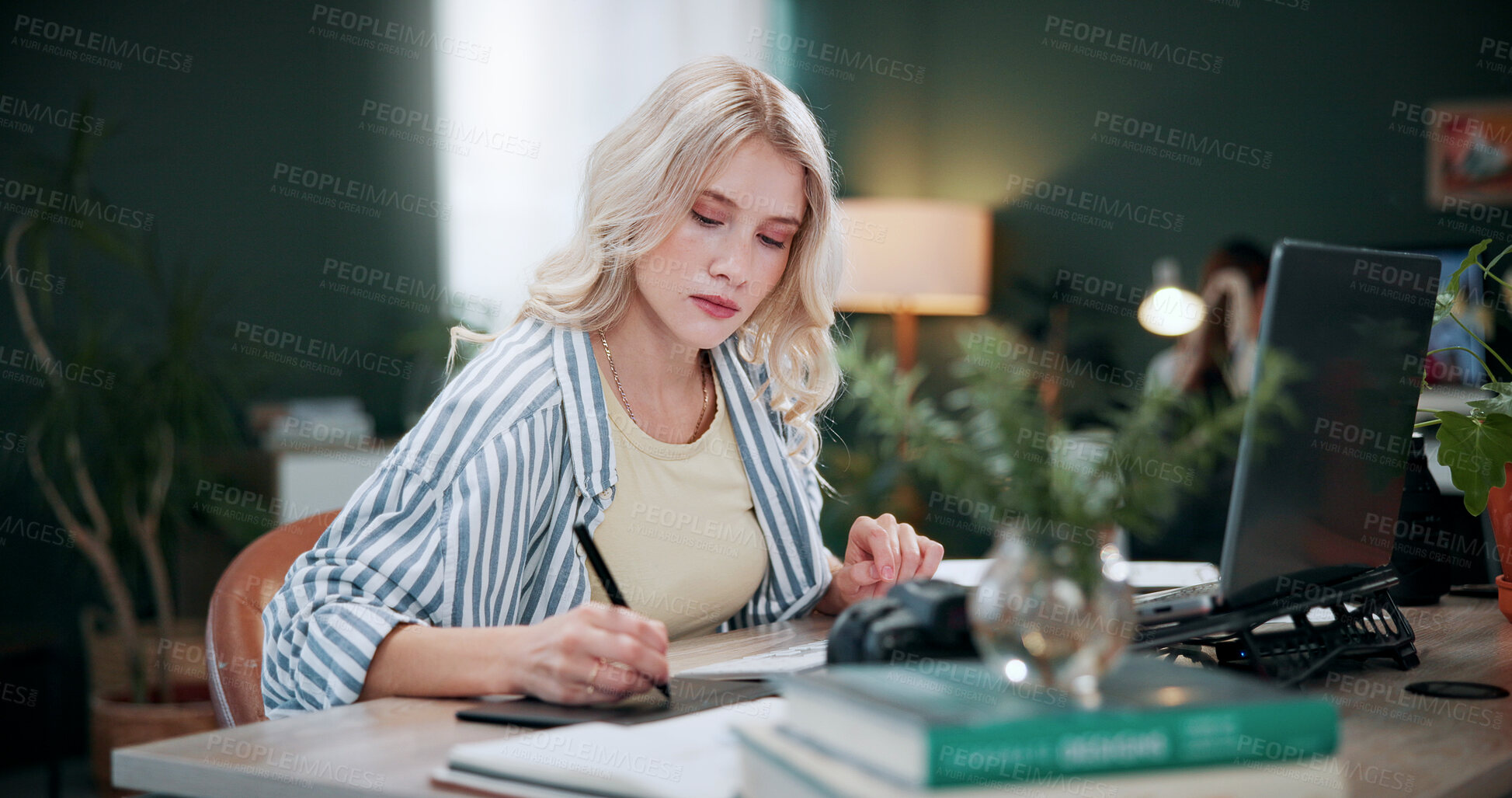 Buy stock photo Graphic design, woman and drawing in office with laptop, project and research for digital marketing. Female person, tablet and coworking in agency with creative, proposal or advertising campaign
