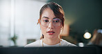 Woman, research and glasses in office with computer, review and editing graphic design for campaign. Person, browsing and digital designer with desktop, media software and creative marketing project.