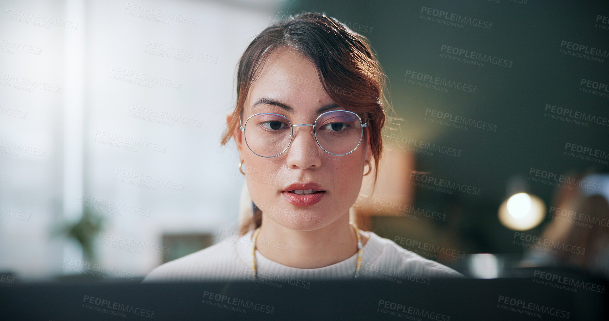 Buy stock photo Woman, research and glasses in office with computer, review and editing graphic design for campaign. Person, browsing and digital designer with desktop, media software and creative marketing project.