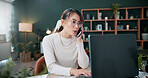 Woman, typing and phone call in office with laptop, planning and discussion for marketing schedule. Person, talk and contact in creative agency with computer, glasses and feedback for ad campaign.
