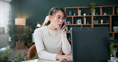 Buy stock photo Woman, typing and phone call in office with laptop, planning and discussion for marketing schedule. Person, talk and contact in creative agency with computer, glasses and feedback for ad campaign.