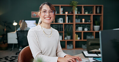 Buy stock photo Creative, computer and portrait of woman in office for social media, advertising and about us. Smile, technology and person in startup agency, typing and business campaign for digital marketing