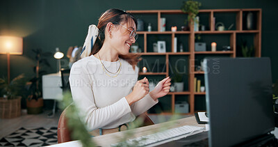 Buy stock photo Happy, woman and celebration in office with laptop, good news or notification for ad campaign success. Person, smile and reward in creative agency with computer, marketing goals or positive feedback.
