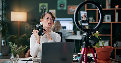 Buy stock photo Woman, photographer and camera in home with ring light, live streaming and tutorial for editing. Person, talking or influencer at house for photography tips, video production and guide with broadcast