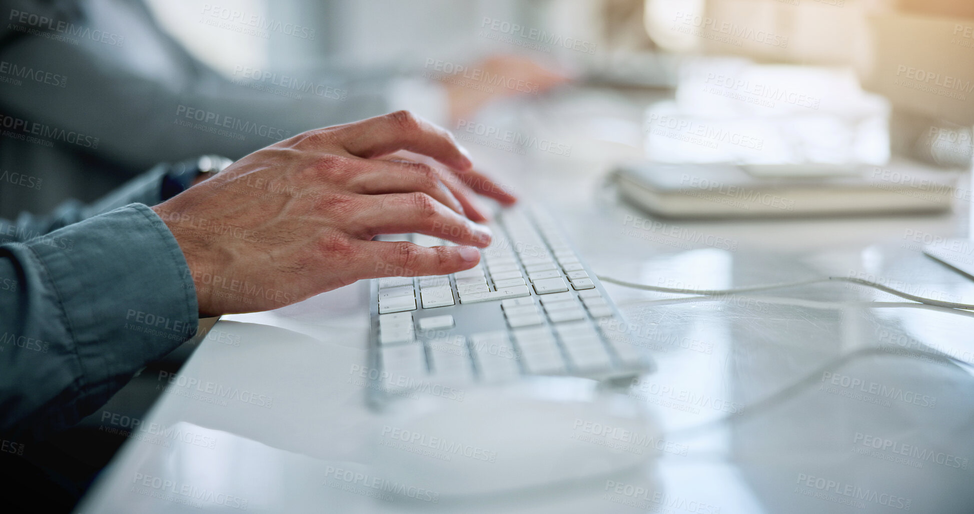 Buy stock photo Business, draft or hands in office with keyboard, pitch research or funding request in email. Typing, person or finance advisor with computer, investment inquiry or proposal planning on web platform.