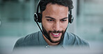 Happy, man and call center consultant with headset in office with crm or sales consultation. Contact us, mic and male telemarketing agent with omnichannel system for online advisory in workplace.