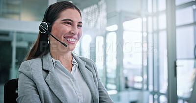 Buy stock photo Woman, headset and call center consultant in office with crm, contact us or sales consultation. Happy, mic and female telemarketing agent with omnichannel system for online advisory in workplace.