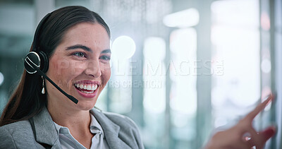 Buy stock photo Woman, happy and call center consultant with headset in office with crm or sales consultation. Talking, mic and female telemarketing agent with omnichannel system for online advisory in workplace.