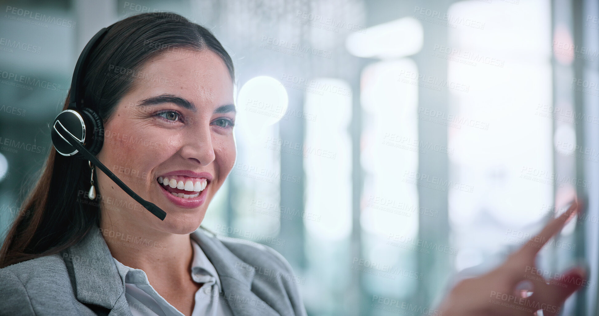 Buy stock photo Woman, happy and call center consultant with headset in office with crm or sales consultation. Talking, mic and female telemarketing agent with omnichannel system for online advisory in workplace.